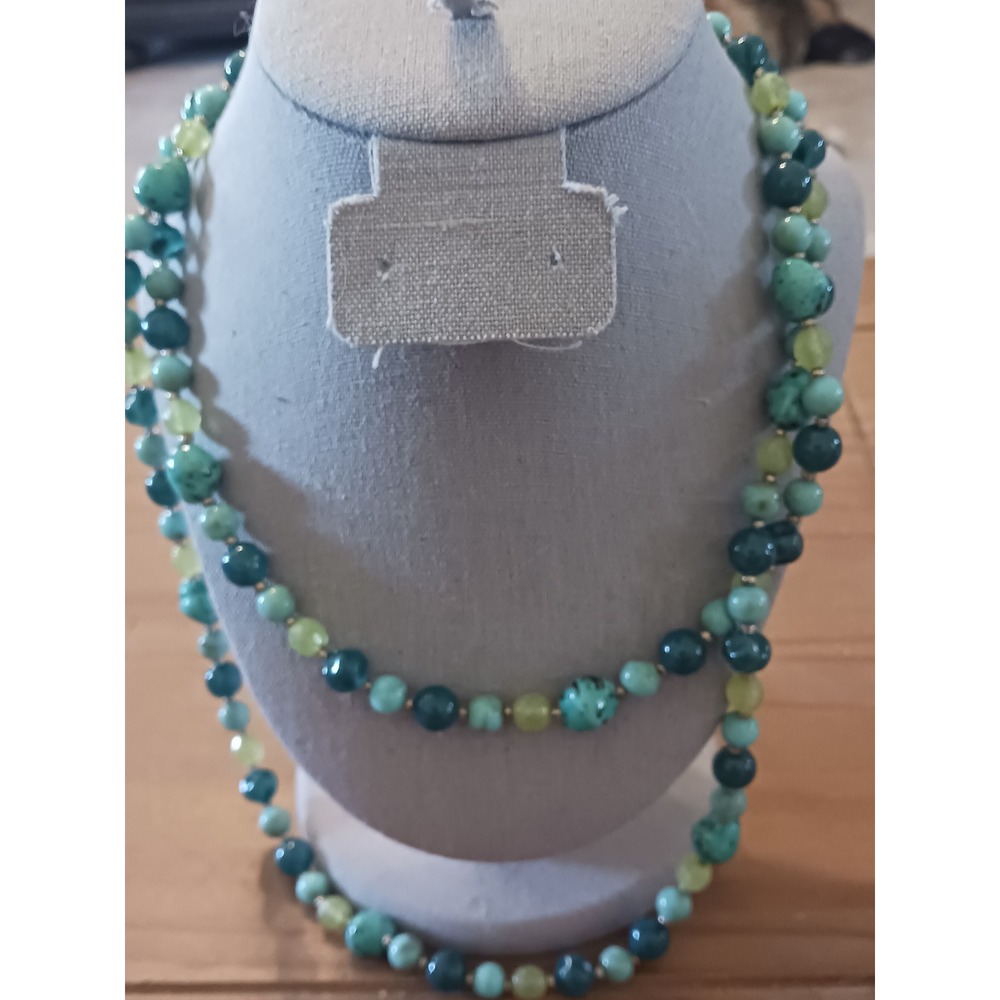 Vintage Faux Turquoise Teal Lime Green Beaded Multi Strand Layered Necklace 42in